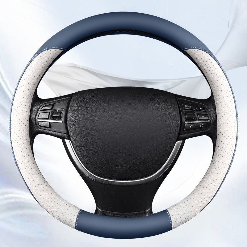 couvre volant de voiture en cuir bicolor blanc et bleu