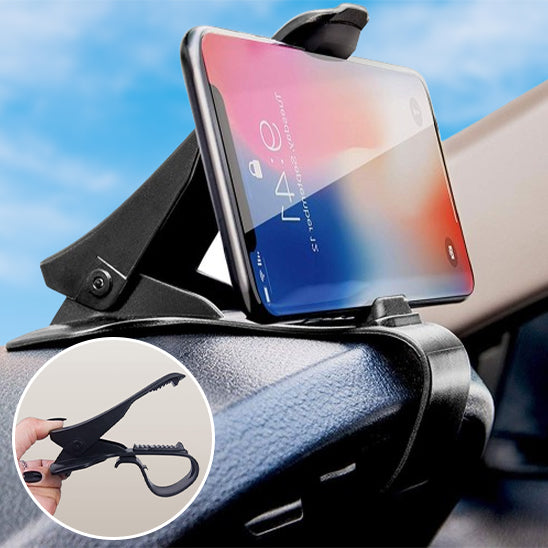 grande photo avec telephone et petite photo montrant le support voiture pour tableau de bord
