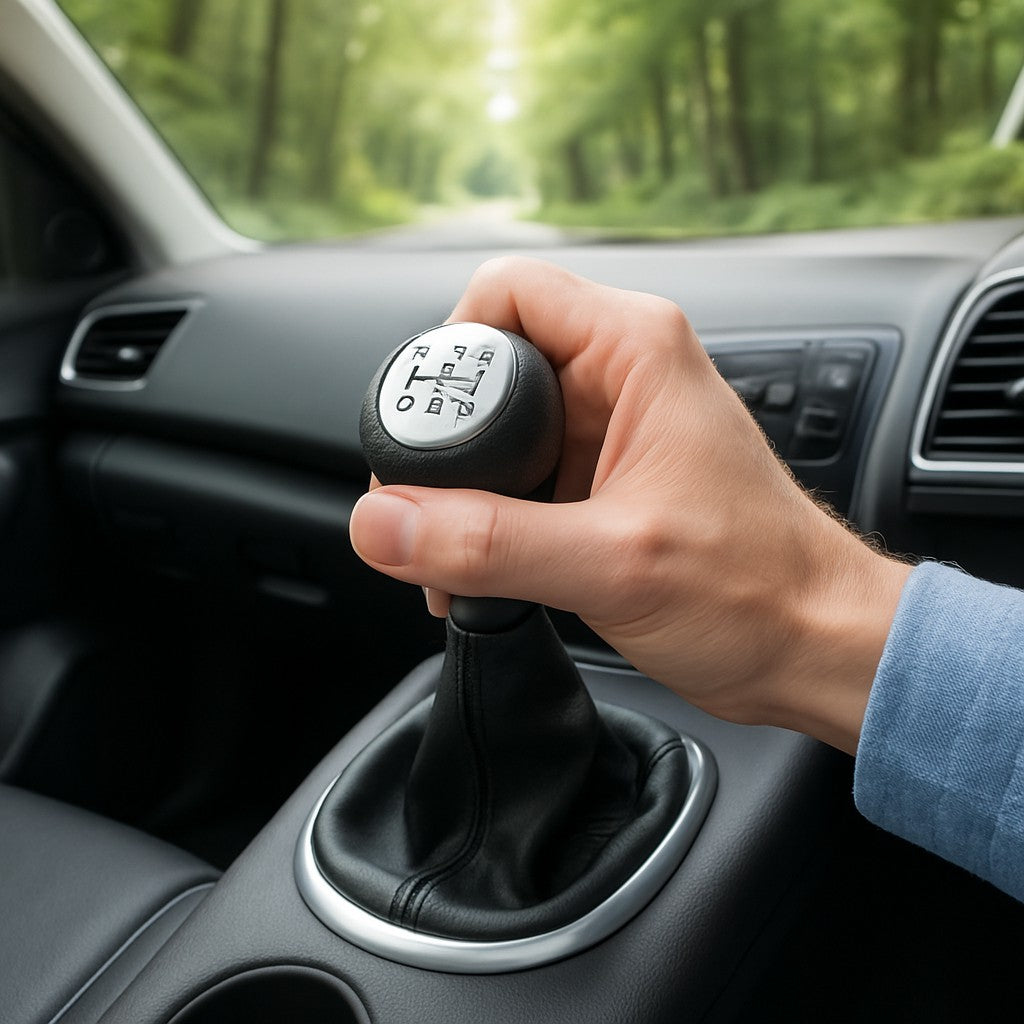 main conducteur tenant levier de vitesse cinq rapports mousse avec vue sur route de foret