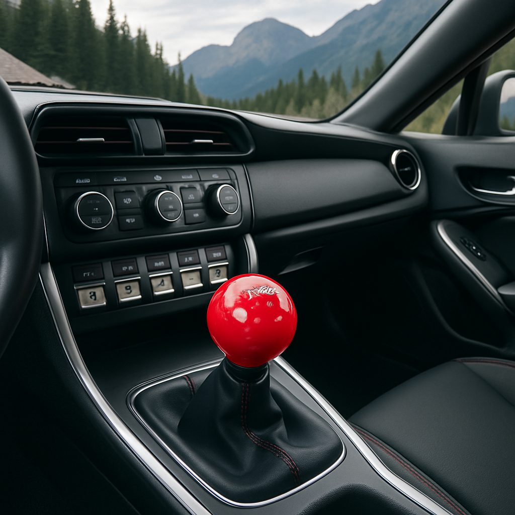 pommeau de vitesse retro couleur rouge sur voiture compacte luxe paysage montagne