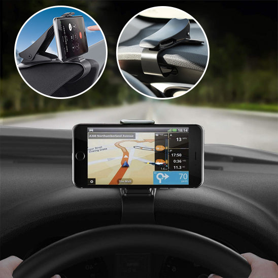 trois images montrant le clip et la position du support telephone voiture pour tableau de bord