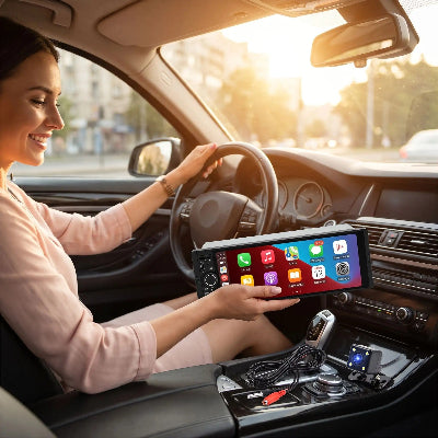 Conductrice dans sa voiture contente de son autos radio Tactile CarPlay avec caméra 