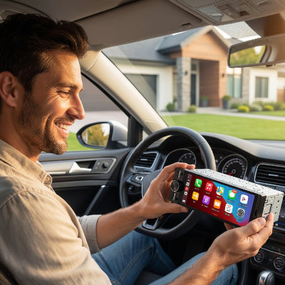 Conducteur content au volant de sa voiture  stationnée devant sa maison présente son autos radio Tactile CarPlay 