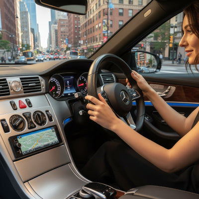 autos radio Tactile CarPlay installé sur tableau de bord de voiture avec une conductrice au volant circulant en ville