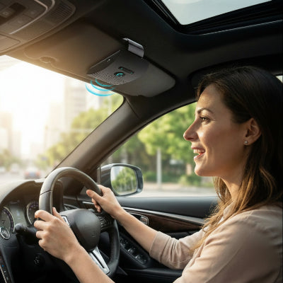 Bluetooth voiture Clip pare-soleil et conductrice heureuse