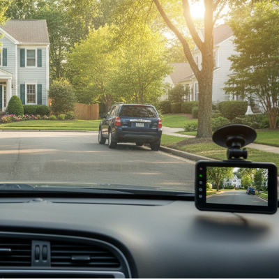 camera pour voiture Avant et Back sur pare brise d'auto circulant dans une ruelle de quartier