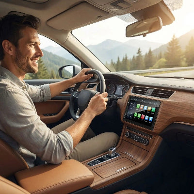 Conducteur heureux de son Autoradio bluetooth Écran Mirrorlink installé 