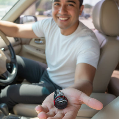 Conducteur heureux présente son Bluetooth allume cigare Emetteur FM 5.4