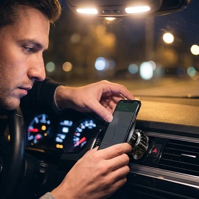 Conducteur installe son portable sur Support téléphone voiture Anti-dérapant