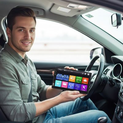 Conducteur présentant son Autoradio bluetooth Avancé