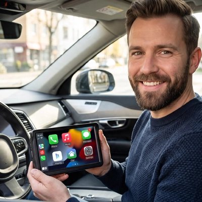 Conducteur souriant présente son Ecran carplay Sans fil GPS