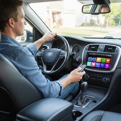Conducteur testant son Autoradio bluetooth Avancé avec télécommande