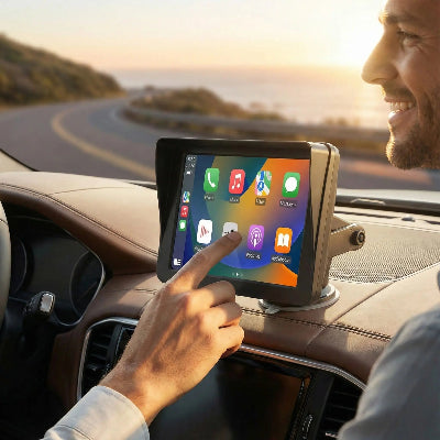 Conducteur touchant écran Autoradio Sans fil et passager souriant