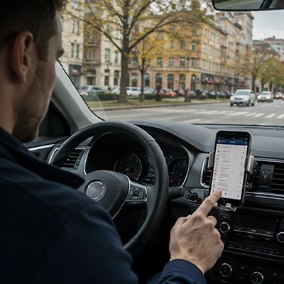 Conducteur utilise portable sur Support téléphone voiture Clip ventilation
