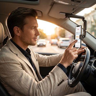 Conducteur utilise son appareil sur Meilleur support téléphone voiture Pare Soleil Auto 