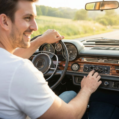 Conducteur content de son autos radio Classique rétro 