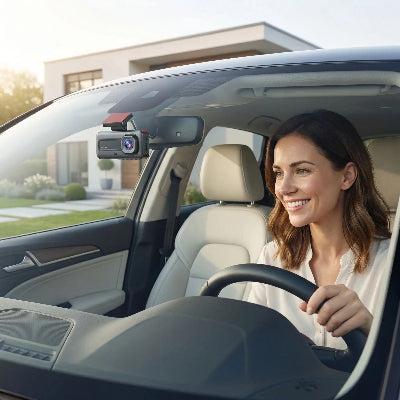 Conductrice devant sa maison contente de sa dashcam voiture vision 360