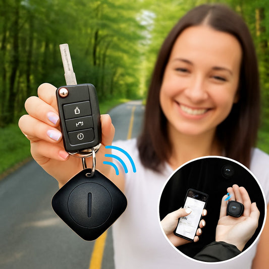 conductrice tres contente montrant son porte clefs et traceur GPS voiture intelligent