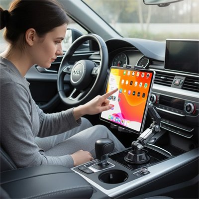 Conductrice utilise son appareil sur Support tablette voiture Long bras Réglable