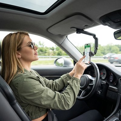 Conductrice utilise son mobile sur Meilleur support téléphone voiture Pare Soleil Auto