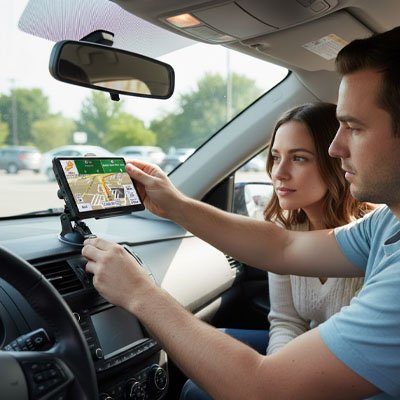 Couple installe Gps voiture Écran tactile sur tableau de bord