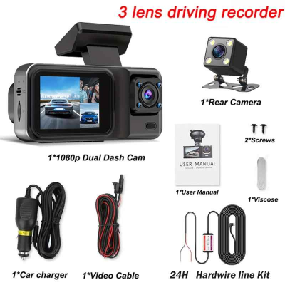 dash cam voiture 3 canaux DVR enregistreur de conduite à trois objectifs avec kit câblage 24h