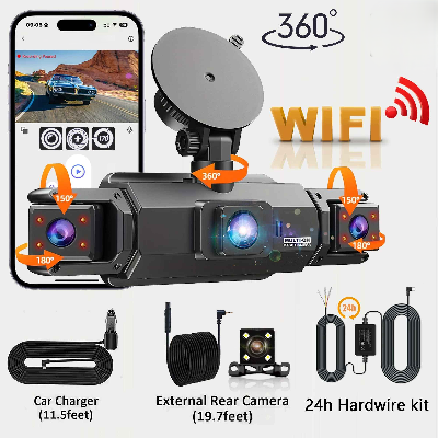 dash cam voiture 4 canaux WiFi avec kit de câblage 24h