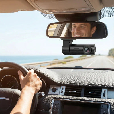 Dashcam voiture Intelligente Wifi DVR et conducteur au volant heureux 