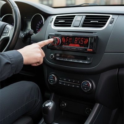 Doigt de conducteur sur bouton de autoradio bluetooth Syntoniseur radio