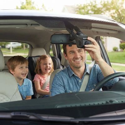 Enfants contents regarde leur père installer une dash cam dashboard camera Conduite caché