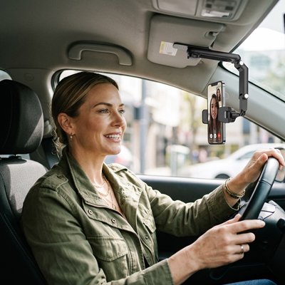 Femme communique de son appareil installé sur Meilleur support téléphone voiture Pare Soleil Auto