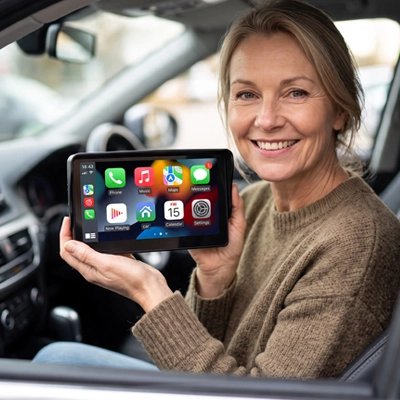 Femme contante présente son Ecran carplay Lecteur vidéo