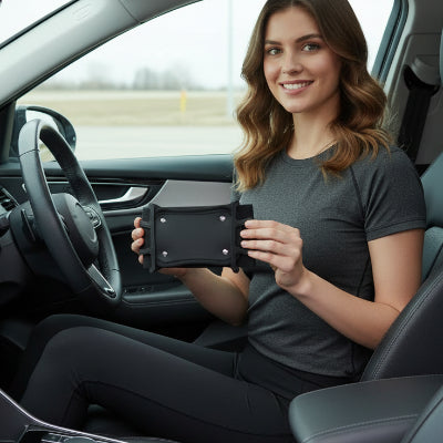 Femme contente de sa Tablette voiture support Pratique