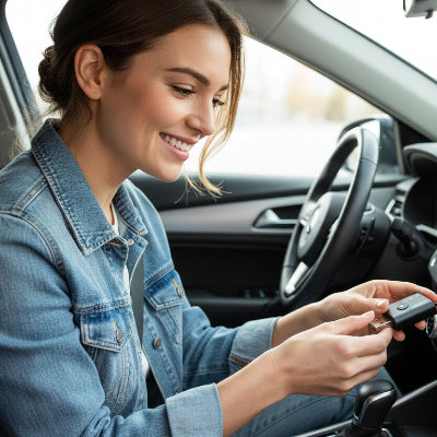 Femme contente de son Bluetooth voiture Adaptateur Premium