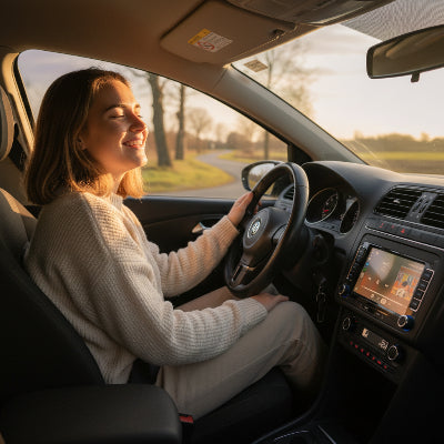 Femme contente écoute musique sur autoradio android Écran Tactile 7 Pouces