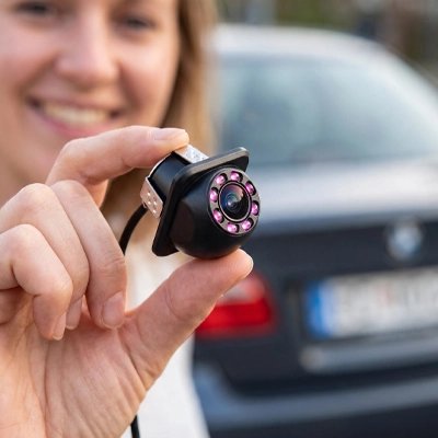 Femme contente présente sa Caméra de recul Étanche