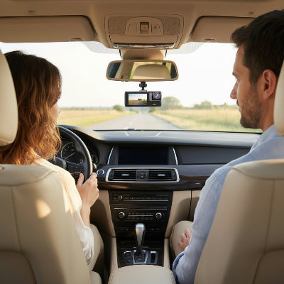 Femme et homme avec camera pour voiture Double objectif Avant installée roulent sur une route