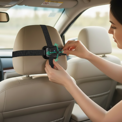 Femme installe camera en voiture Écran appui-tête bébé