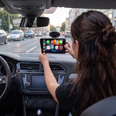 Femme installe Ecran carplay Lecteur vidéo sur par brise