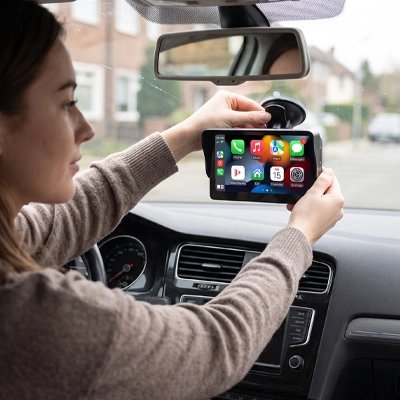 Femme installe Ecran carplay Lecteur vidéo