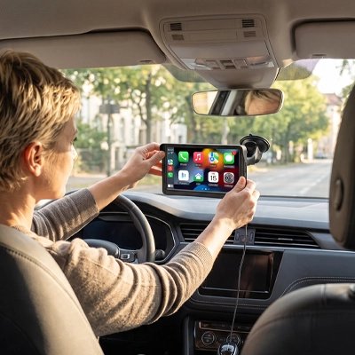 Femme installe Ecran carplay Sans fil GPS sur pare brise