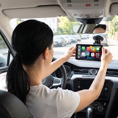 Femme installe Ecran carplay Universel portable 7 pouces sur pare brise