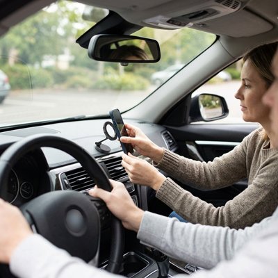 Femme installe son portable sur Support téléphone voiture Magnétique Pliable
