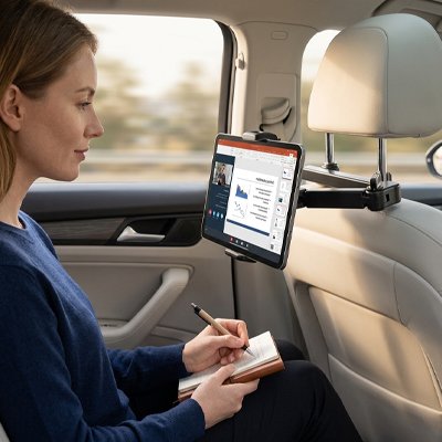 Femme prend notes de appareil installé sur Support tablette voiture Sécurité Stable 