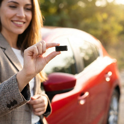 Femme présente son traceur gps pour voiture Ultra-Compact