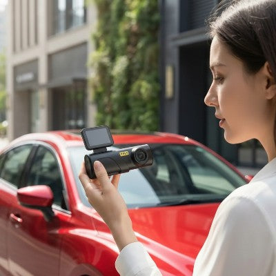 Femme tient une dash cam pour voiture Capteur gravité