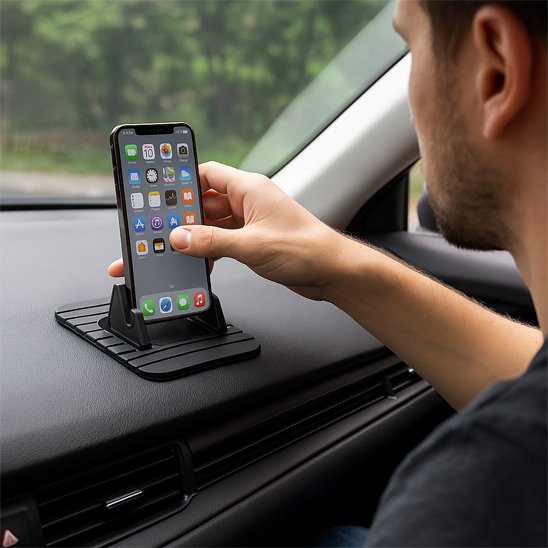 Homme installant son portable sur Support de téléphone voiture Silicone