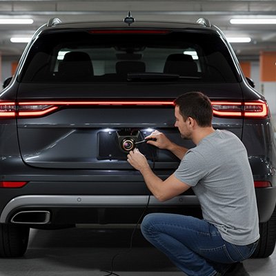 Homme installant une Caméra de recul pour voiture 170 ° grand angle