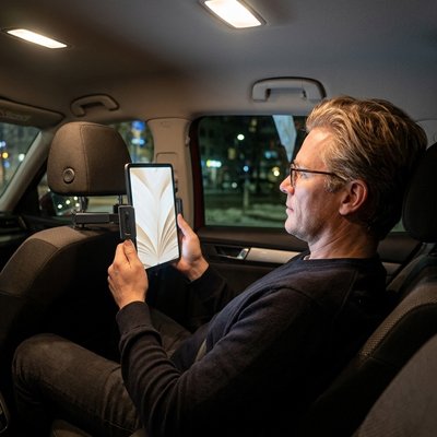 Homme installe appareil sur Support tablette voiture Anti-tremblement