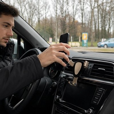 Homme installe portable sur Support téléphone voiture Clip ventilation Doré